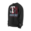 Men's black long-sleeve crewneck shirt with Texas Rangers front logo graphic