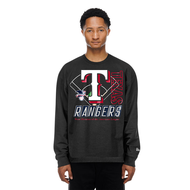 Men's black long-sleeve crewneck shirt with large Texas Rangers front graphic