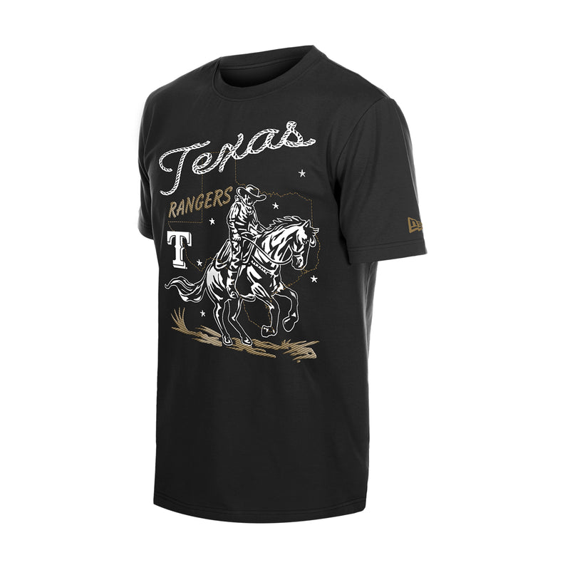 Men's black western graphic tee with Texas cursive, Rangers text, and horse