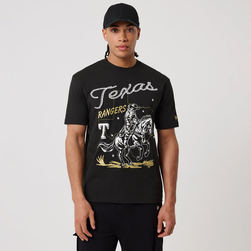 Men's black tee with Texas Rangers horse graphic and western script on chest