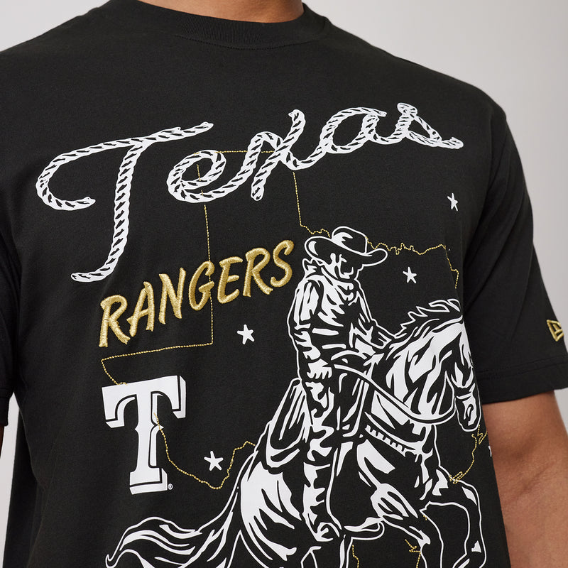 Men's black tee close-up with Texas cursive, Rangers lettering, and horse artwork