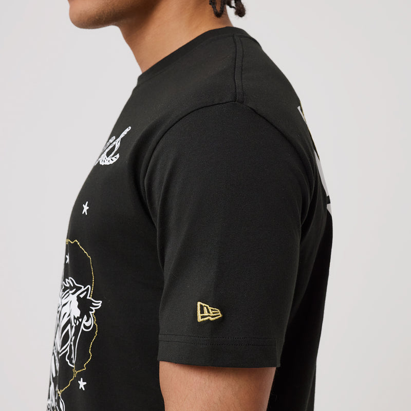 Men's black tee with small gold New Era flag logo on short sleeve