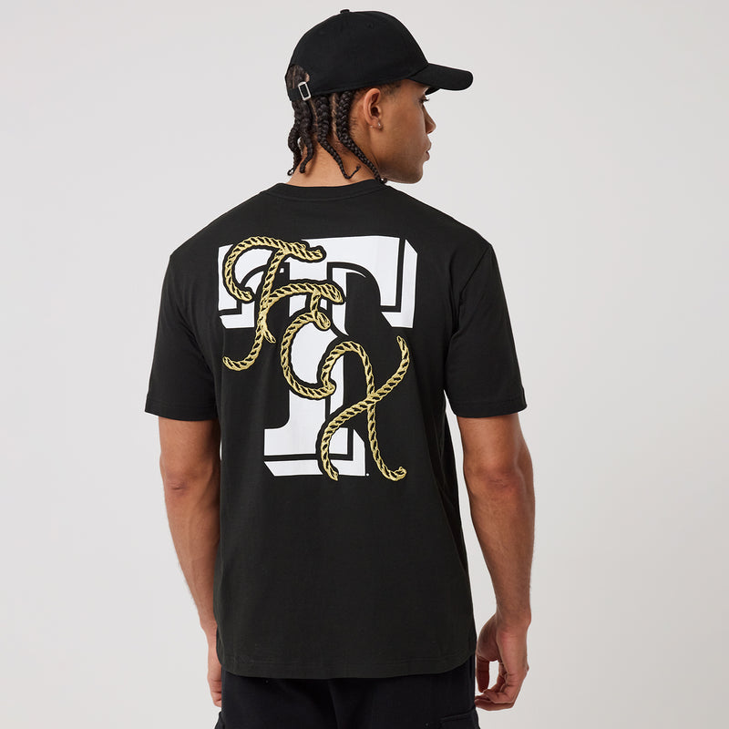 Men's black tee back view with large white 'R' and gold rope detailing