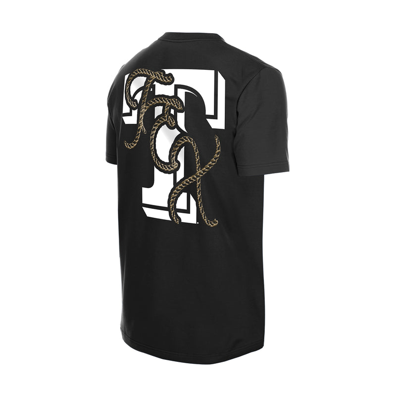 Men's black tee back view with white 'R' center graphic and gold rope border