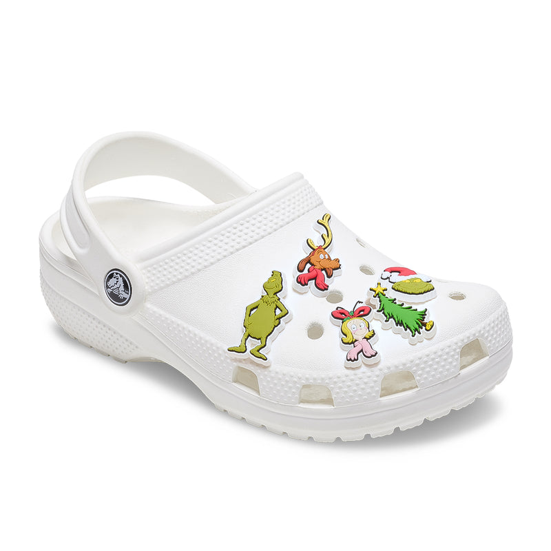 White clog with colorful Grinch-themed Jibbitz character charms