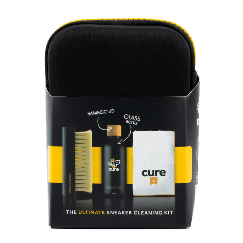 Sneaker cleaning kit box with BAMBOO LID GLASS BOTTLE and brush graphic icons