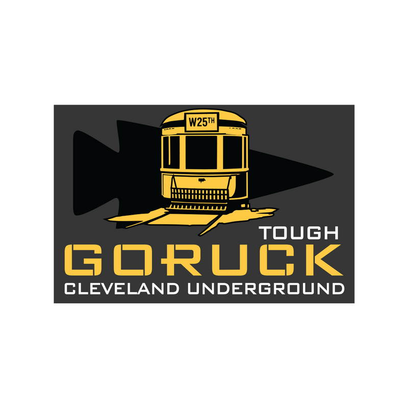 A yellow streetcar and arrow appear above "The Underground Ruck - Cleveland, OH" text on a dark background, celebrating the spirit of GORUCK Challenge rucking events.