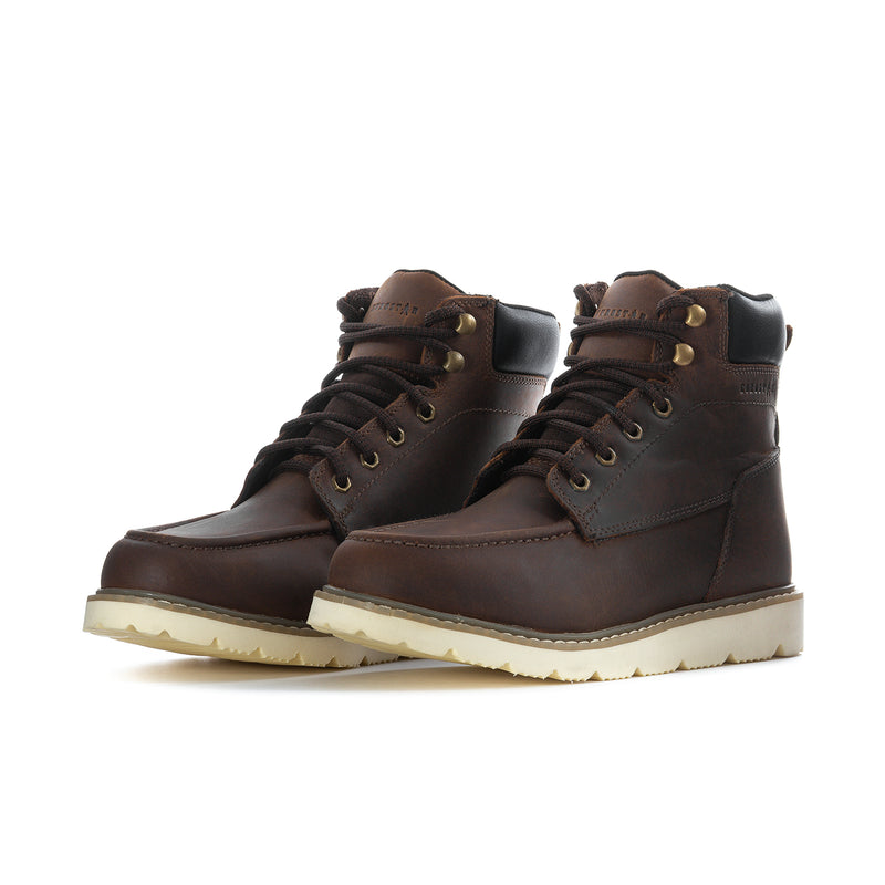 Pair of dark brown moc-toe lace-up boots with cream midsoles and lug soles