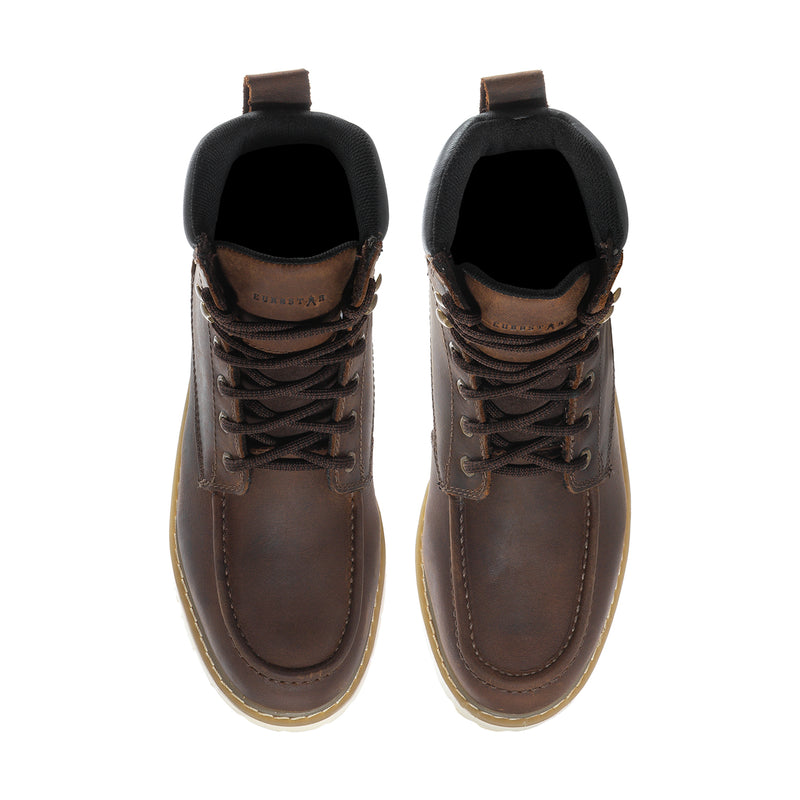 Dark brown lace-up boot showing black lining and padded collar opening