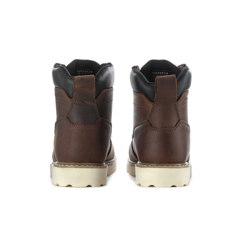 Back view of dark brown moc-toe lace-up boots with cushioned heel and cream sole
