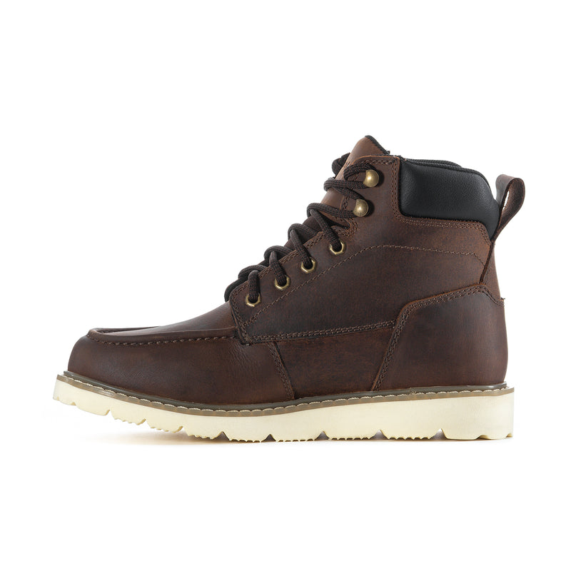Dark brown side profile moc-toe lace-up boot with brass eyelets and lug sole