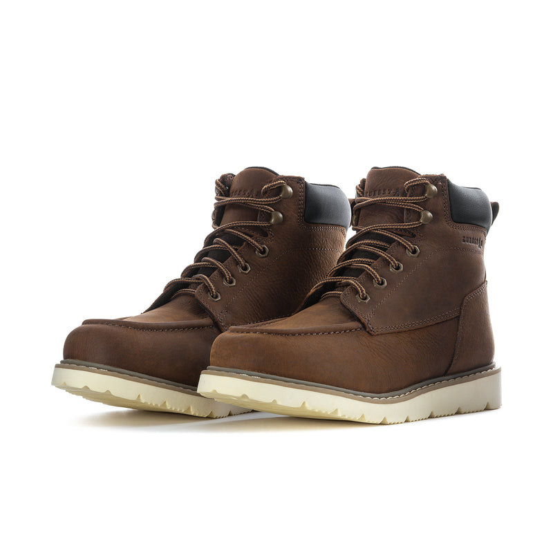 Men's moc-toe wide boots, brown uppers with black heel panels, lace-up with cream sole