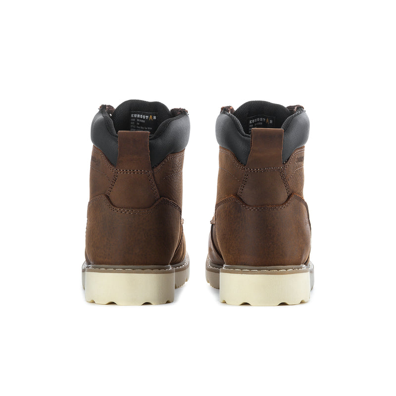 Back view of brown moc-toe boots with black heel tabs and cream outsole