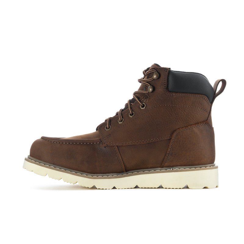 Brown moc-toe wide lace-up boot with black ankle panel and cream crepe sole