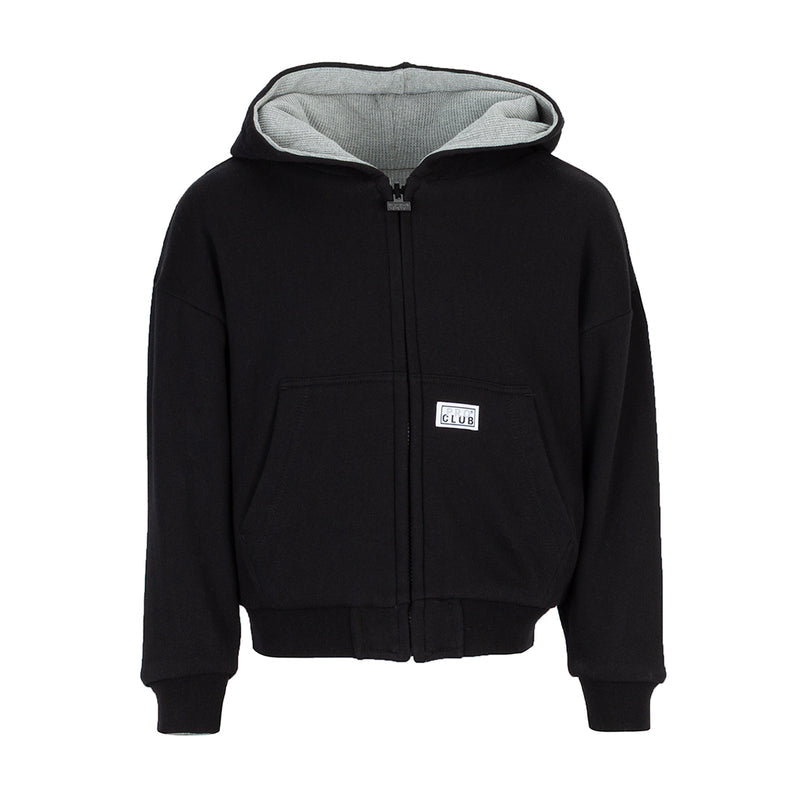 Youth reversible thermal hoodie, black front with gray hood lining and zipper