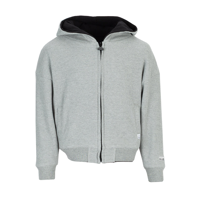 Youth reversible thermal hoodie, heather gray front with black hood lining and zipper