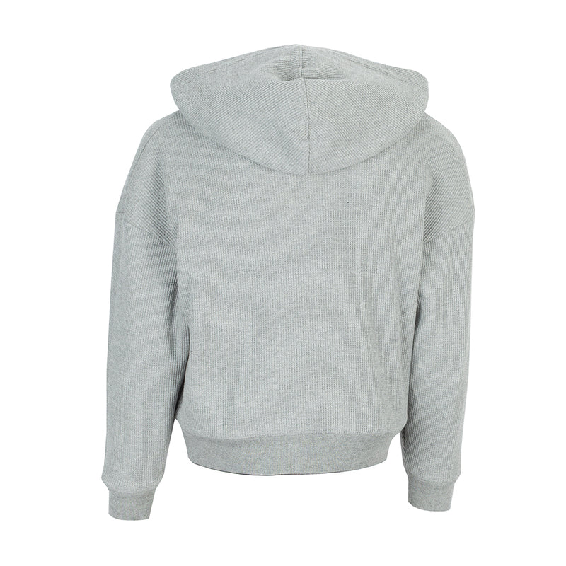 Youth reversible thermal hoodie, heather gray back view with hood and ribbed cuffs