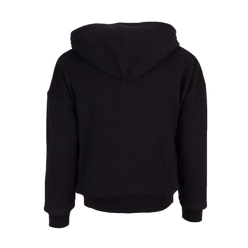 Youth reversible thermal hoodie, black back view with hood and ribbed cuffs