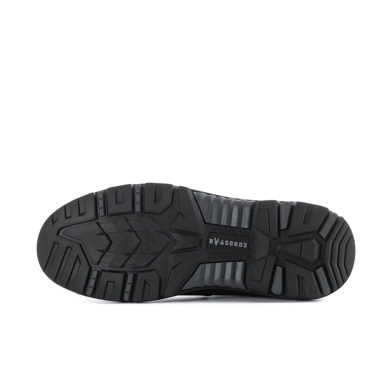 Black rubber boot outsole with deep traction blocks and brand label.