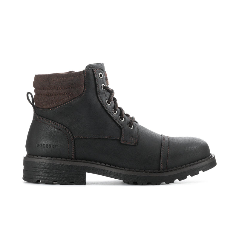 Men's lace-up work boots in dark black with padded collar and thick lug sole