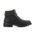 Men's lace-up work boots in dark black with padded collar and thick lug sole