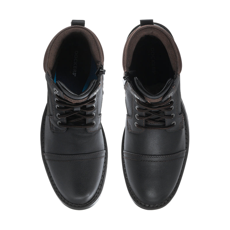 Pair of men's black lace-up boots, front view with eyelets and padded interior