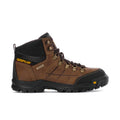 Men's brown lace-up work boot with black toe/heel panels and rugged tread sole.