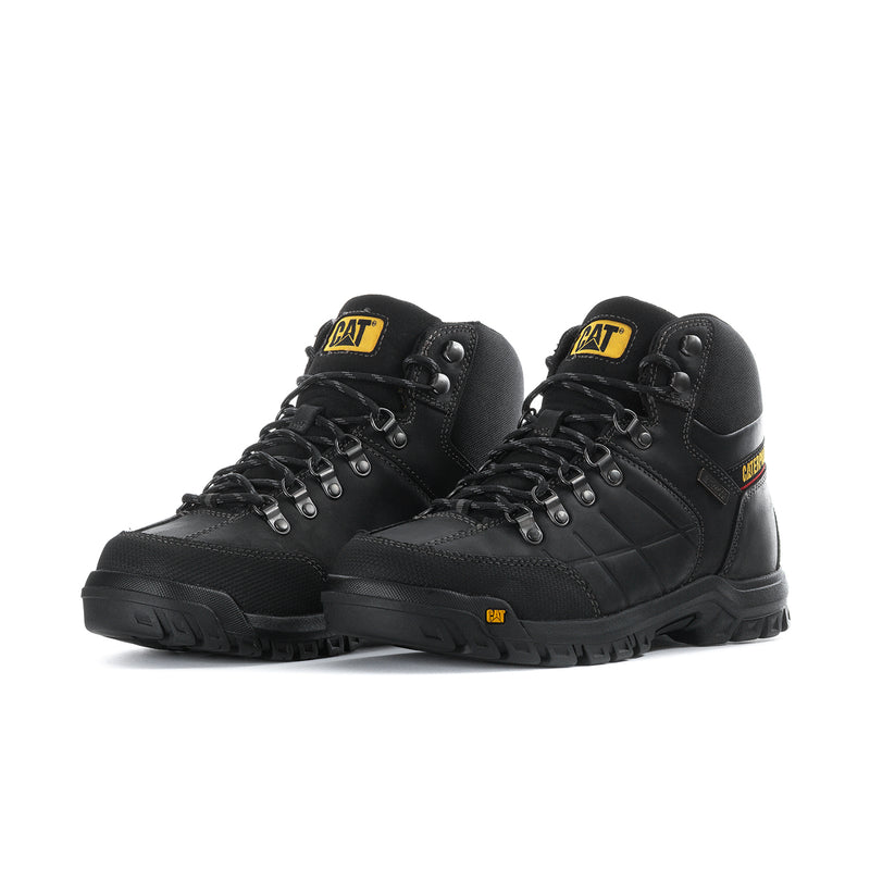 Pair of black men’s high-top work boots with lace-up closure and tread sole