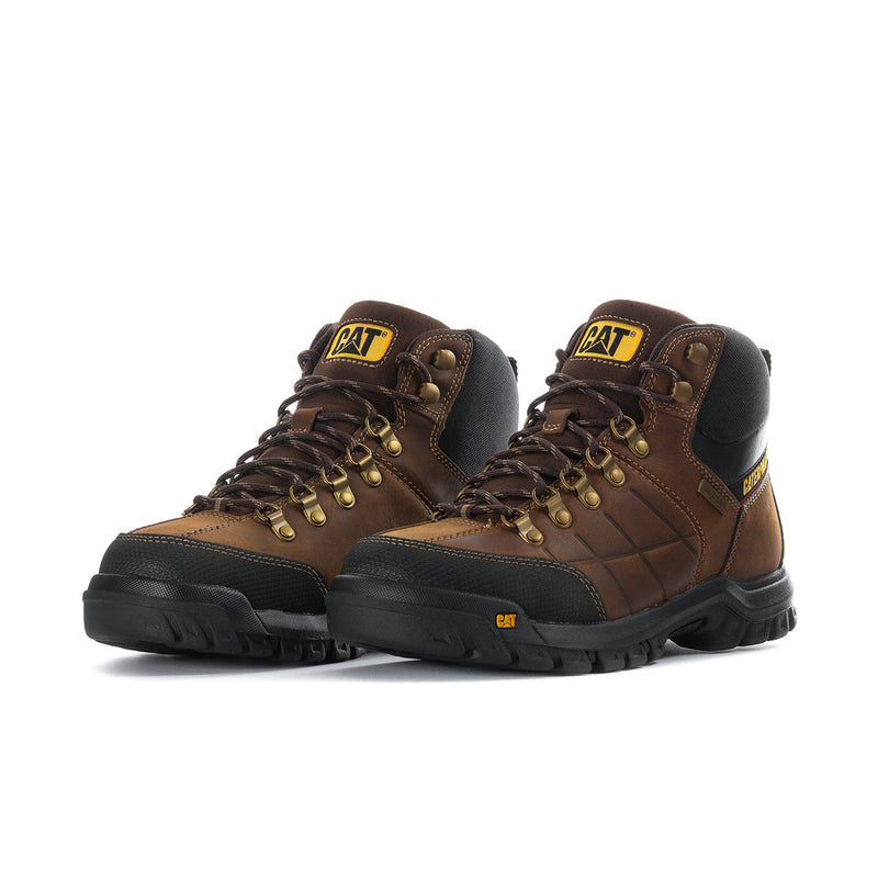 Pair of men's brown lace-up work boots with CAT logos and black lug soles.