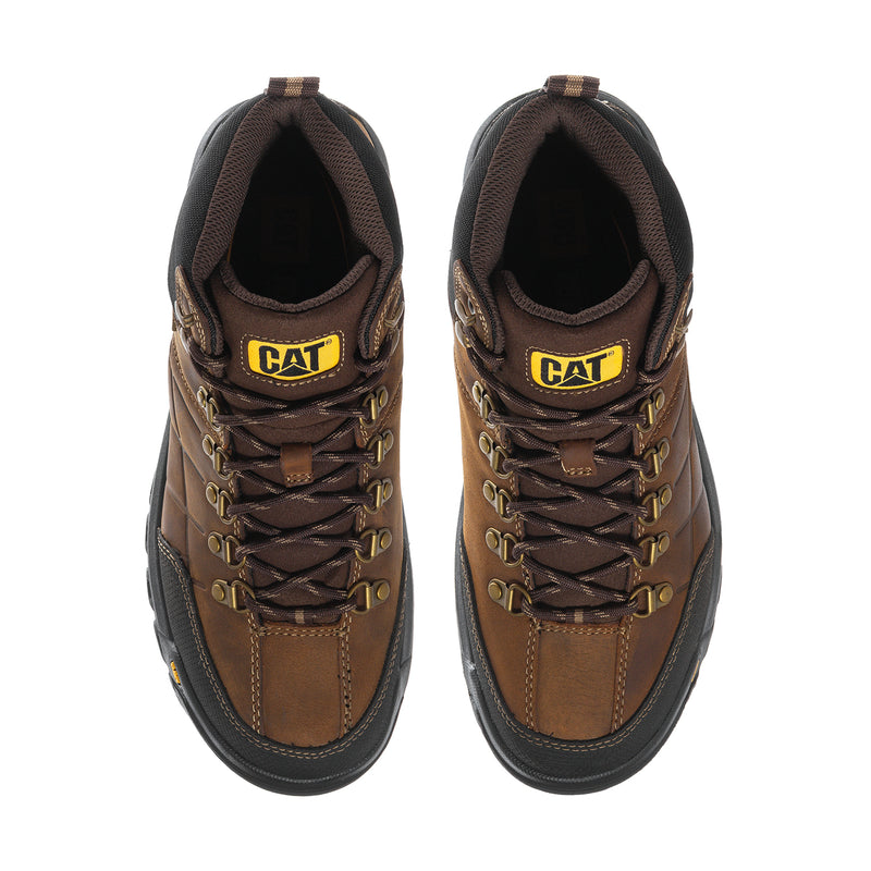 Men's brown lace-up boots, front view, padded collar and CAT logo on tongue.