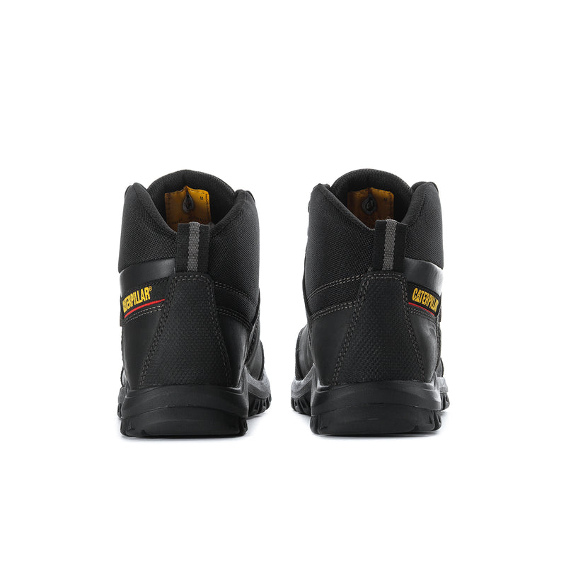 Black men’s high-top work boots, back view with heel collar and CAT logo