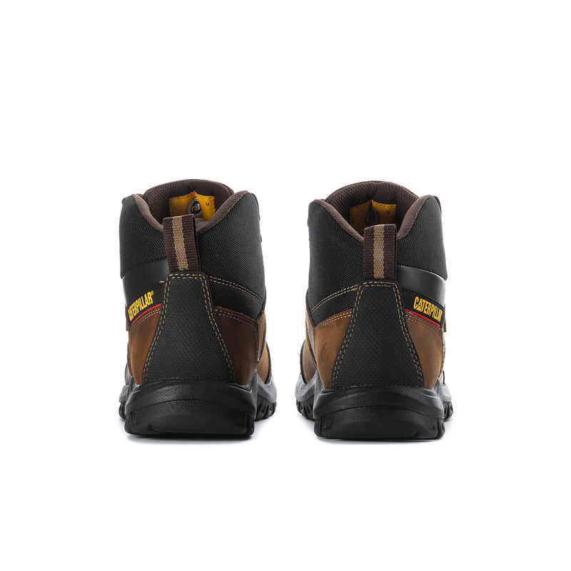 Men's brown lace-up work boots, rear view, padded heel and Caterpillar label.