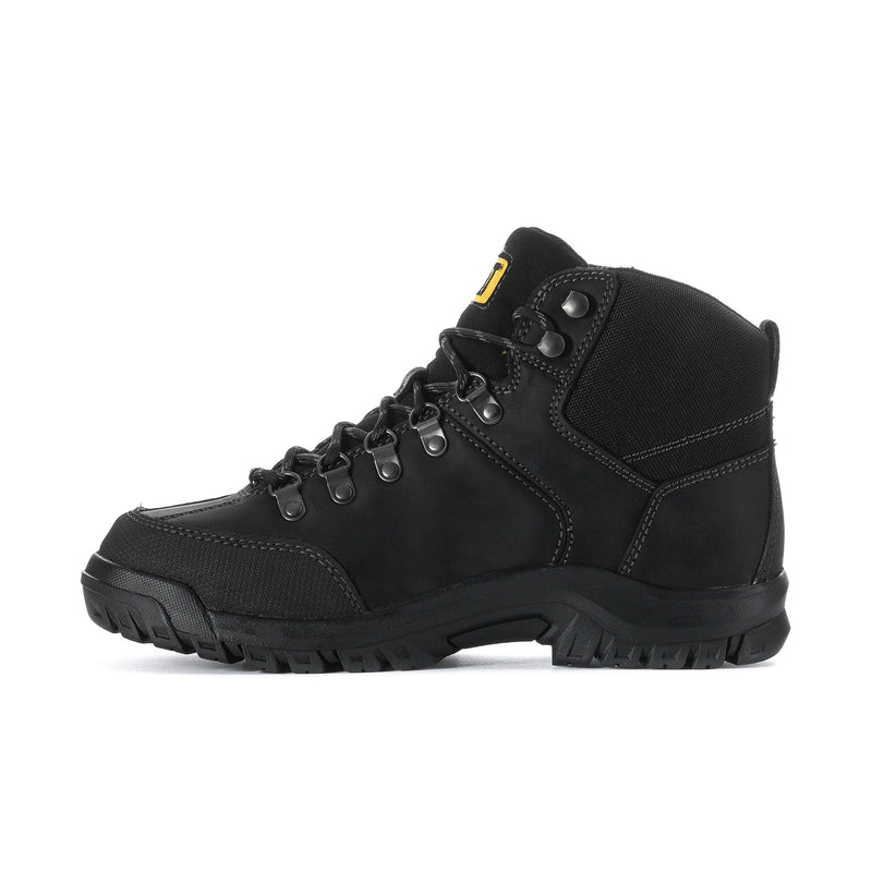Black men’s high-top work boot with lace-up front and side seam paneling