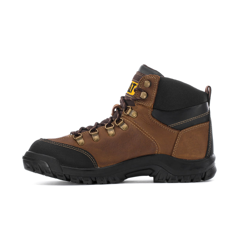 Men's brown lace-up work boot with black side panel, ankle pull tab and CAT logo.
