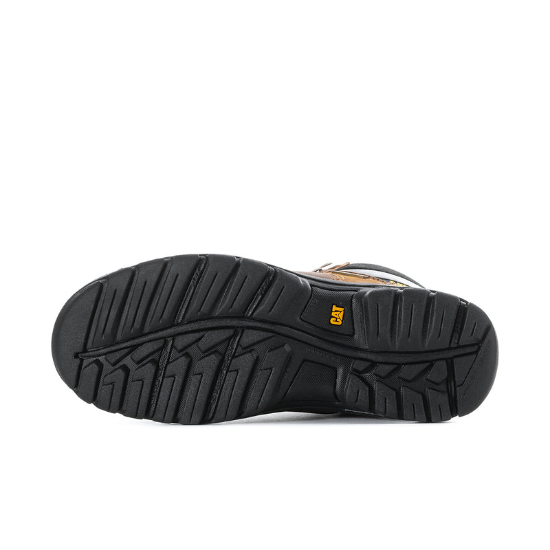 Men's boot outsole, black rubber tread with CAT mark near heel.