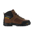 Men's brown and black lace-up work boot with CAT logo, high-top collar, thick tread sole