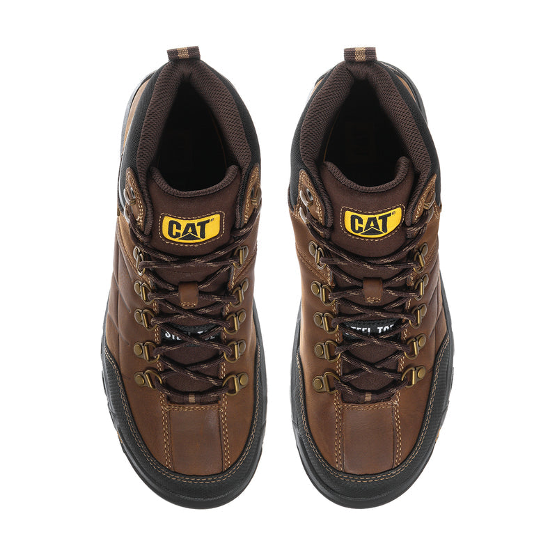Men's brown and black lace-up work boots, front view with CAT tongue labels and laces