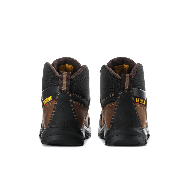 Men's brown and black work boots, rear view with padded heel and CAT side branding