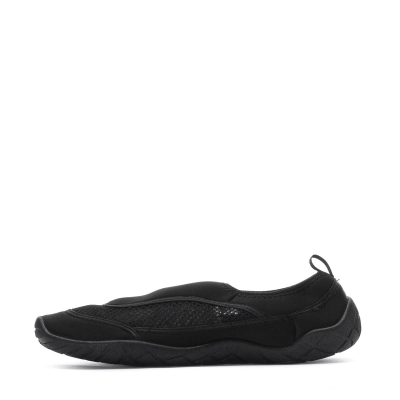 Black slip-on water shoe with rounded toe and mesh upper