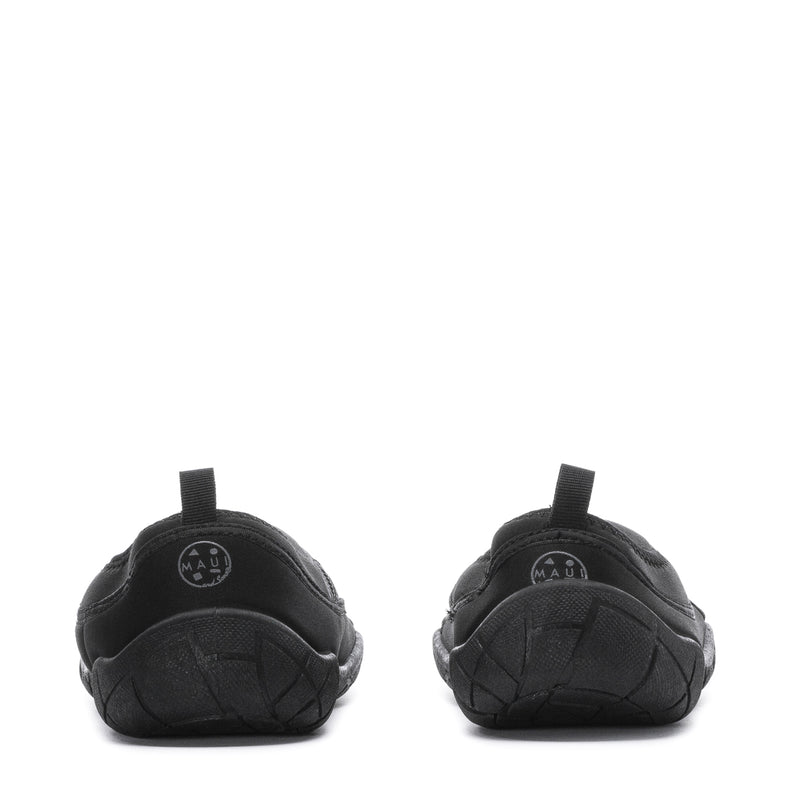 Back view of two black slip-on water shoes, loop pull tabs