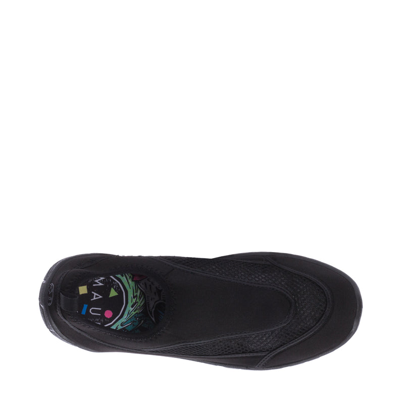 Black slip-on water shoe with colorful inner logo detail