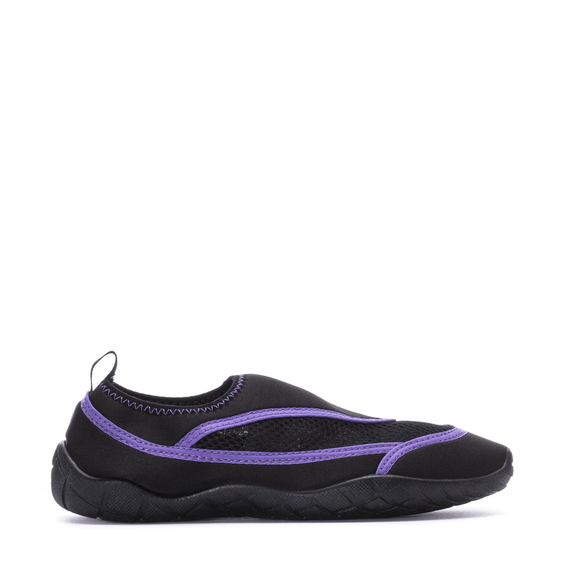 Youth black water shoes with purple trim, rounded toe and side straps