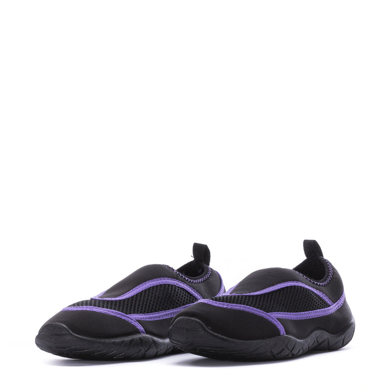 Pair of youth black water shoes with purple piping and mesh-like upper