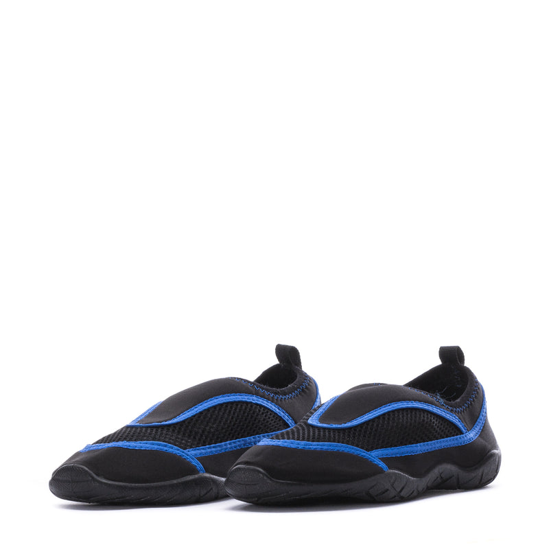 Pair of youth water shoes, black with blue trim and cushioned outsole