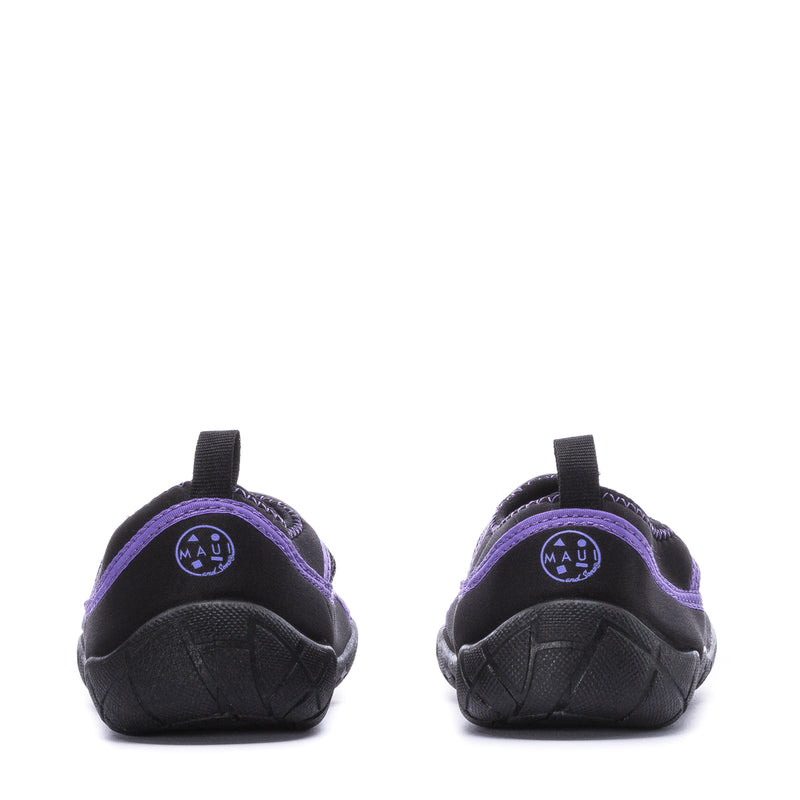 Youth black water shoes with purple-lined heel and MAUI logo on back