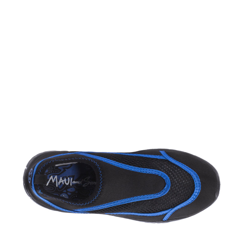 Youth water shoe with blue-trimmed band and MAUI logo on black mesh upper