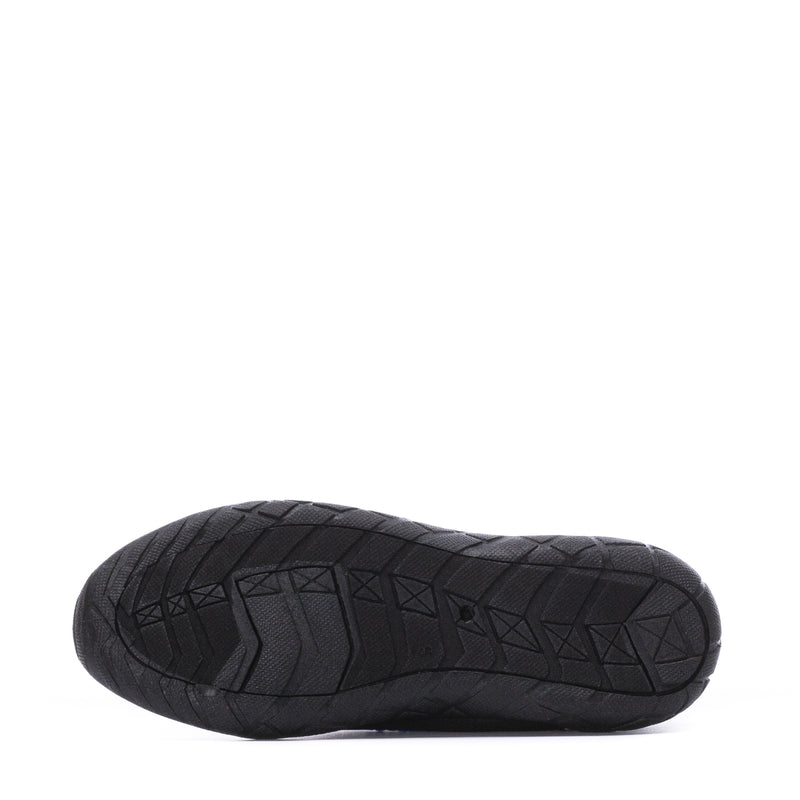 Black youth water shoe outsole with geometric tread pattern