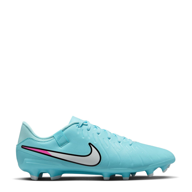 Men's light blue soccer cleat with black and magenta Nike swoosh, MG studs