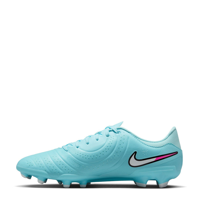 Men's light blue soccer cleat, side view with black Nike swoosh and magenta stripe