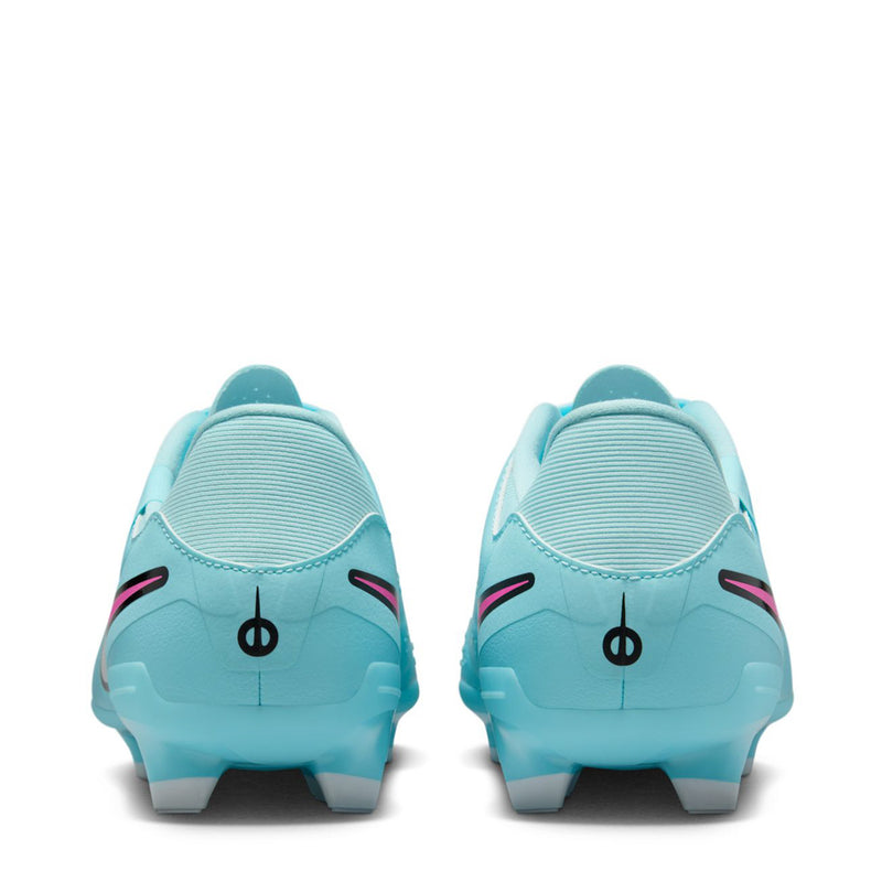 Men's light blue soccer cleats, rear view with heel tabs and magenta accent stripe